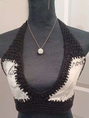 Black Crochet Halter Crop Top with Printed Inset